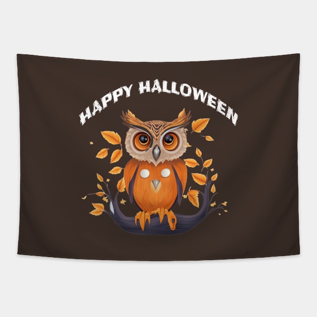 A cute Owl in pumpkin celebrating Halloween Tapestry by halazidan