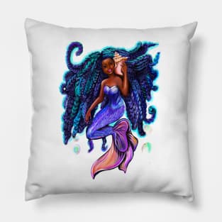 mermaid with flowing braids and conch sea shell , brown eyes curly Afro hair and caramel brown skin Pillow