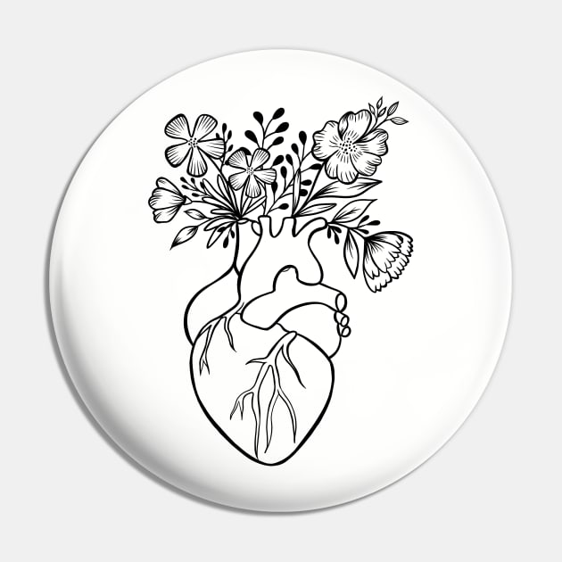 Floral Human Heart Anatomy | Line Art Pin by Lizzamour