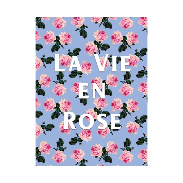 La Vie En Rose - Scattered pink vintage roses on blue by bettyretro