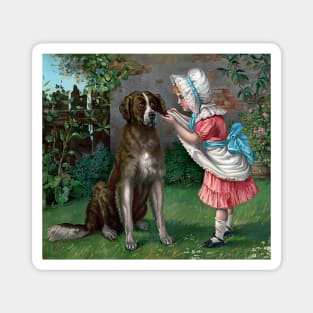 Girl with swimming cap playing with her puppy. Vintage postcard. Magnet