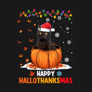 Black Cat On Pumpkin Happy Hallothanksmas T-Shirt