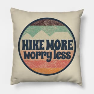 Hike More Worry Less Textured Retro Stripes and Mountains Pillow