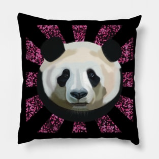 Striking Panda bear on Pink Random Spotted patterned sun rays Pillow