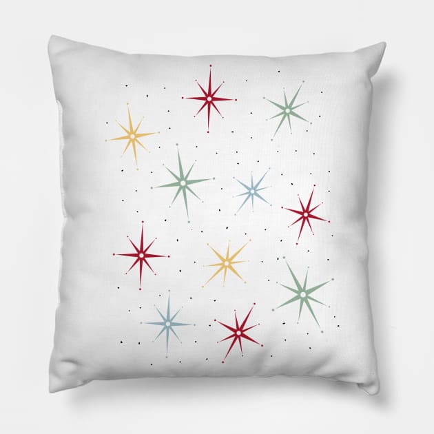 Atomic Starburst Mid Century Red Yellow Green Blue Pillow by OrchardBerry