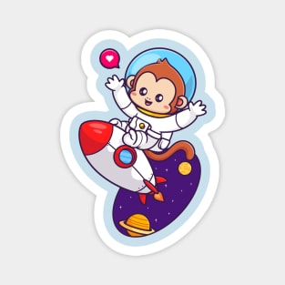 Cute Monkey Astronaut Flying With Rocket In Space Cartoon Magnet