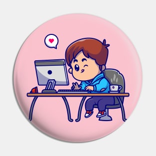 Cute Boy Working On Computer Cartoon Pin