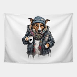 Dog wearing a jackets holding a cup coffee Tapestry