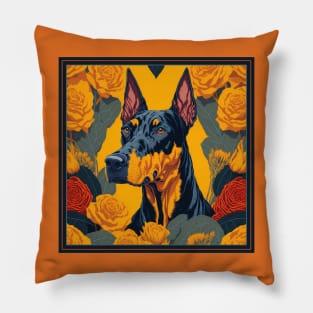 Dogs, doberman and flowers, dog, seamless print, style vector (red version 2 doberman) Pillow