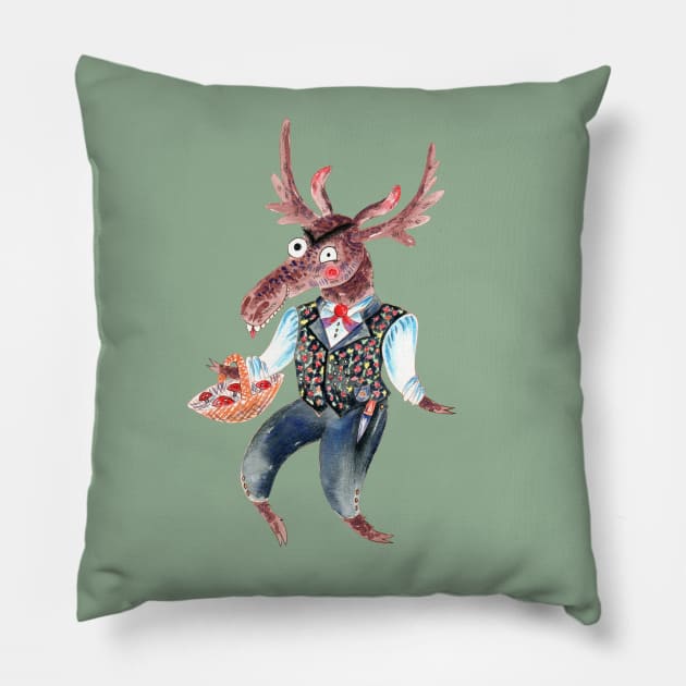 Norwegian moose and mushrooms Pillow by annaonik