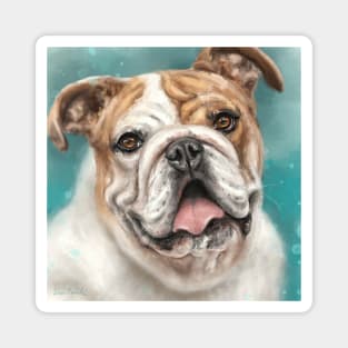 Painting of a White and Brown Bulldog With Its Tongue Out on Blue Background Magnet