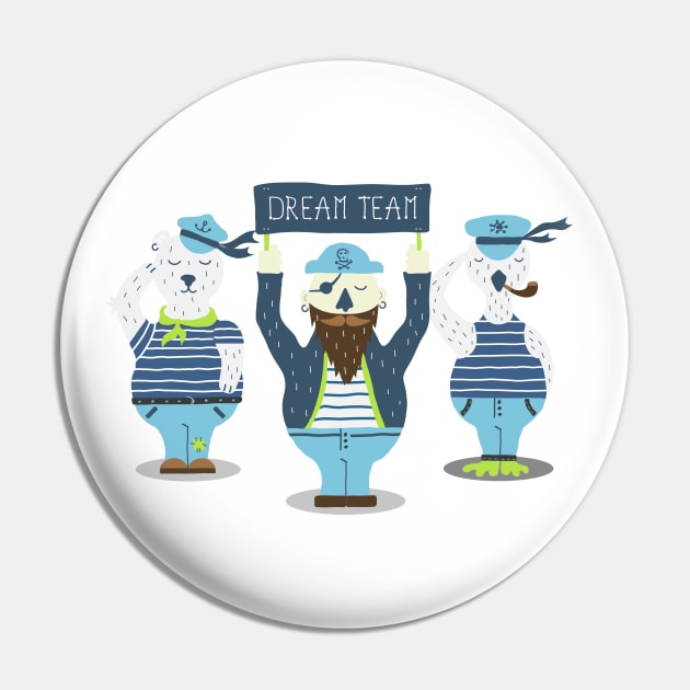 Dream Team. Illustration For Kids. Bear, Duck & Captain. Nautical Theme Pin by SlothAstronaut