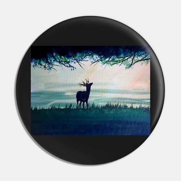 Deer Standing in the Trees Painting Pin by julyperson