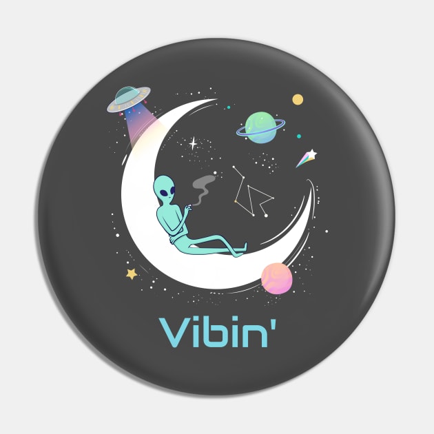 Vibin' Alien On The Moon Psychedelic Shirt Cosmic Planets Constellation UFO Pin by BitterBaubles