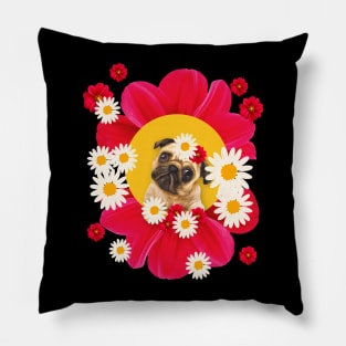 pug in pink flowers Pillow