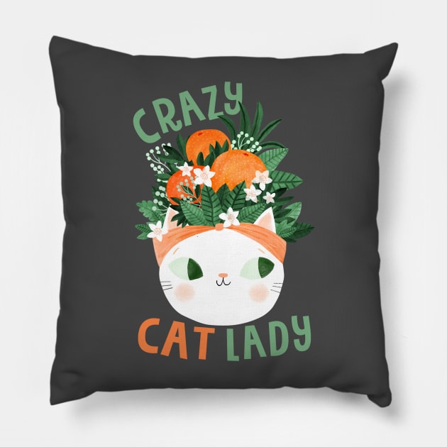 Crazy Cat Lady with Oranges Pillow by Planet Cat Studio