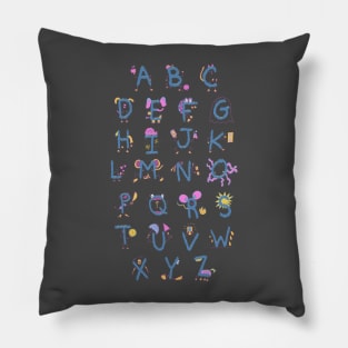 Cute alphabet characters | A to Z | pink blue purple on charcoal Pillow