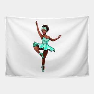 Ballet Dancer in green tutu dancing cute black girl African American brown skin ballerina - Dance Tapestry