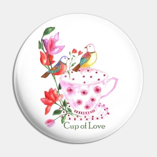 Cup of love, red and yellow birds on a pink floral cup Pin