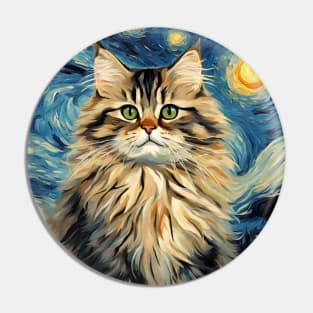 Adorable Siberian Cat Breed Painting in a Van Gogh Starry Night Art Style Pin