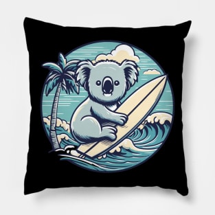 Koala with a surfboard on the beach, koala bear in summer vacation, kawaii koala lover design Pillow