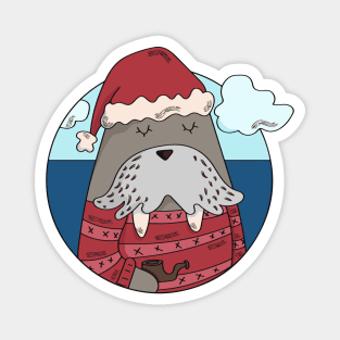 Christmas Walrus with Holiday Sweater and Santa Hat Magnet