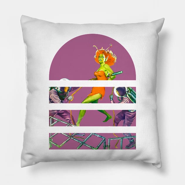 Alien Girl Green Retro Vintage Magic: Transforming Spaces with Fantasy, Sci-Fi, Art, and Comic Book Influences Pillow by REVISTANGO