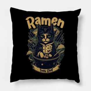 Retro Japanese-Inspired Feline Culinary Cat as Ramen Sushi Chef Pillow