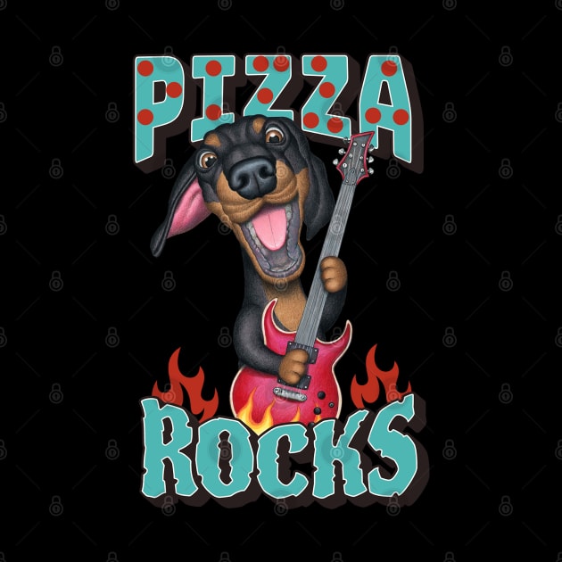 Fun Doxie Dog rocks on with guitar on Pizza Rocks tee by Danny Gordon Art