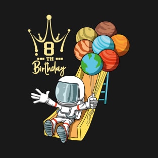 8th Birthday Astronaut Space Slide Planets Balloons T-Shirt