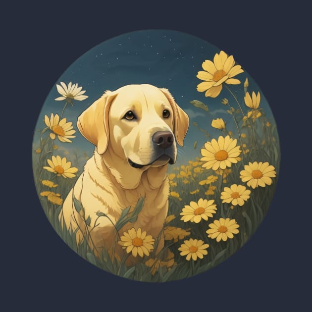 Yellow Lab Daisy Garden At Night by Pet And Petal