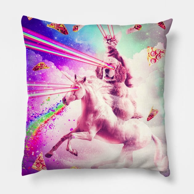 Laser Eyes Space Cat Riding Dog, Unicorn - Rainbow Pillow by Random Galaxy