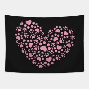 Pale Pink Glitter Effect Paw Prints Love Heart Tapestry