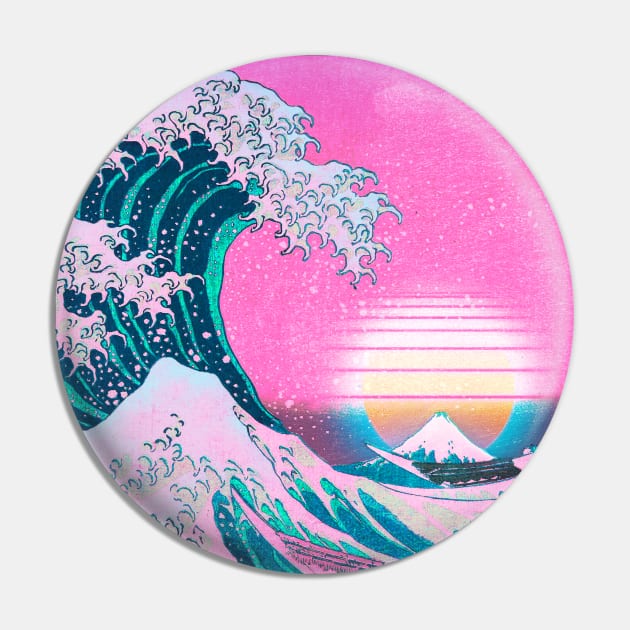 Vaporwave Great Wave Off Kanagawa Aesthetic Sunset Pin by CoitoCG