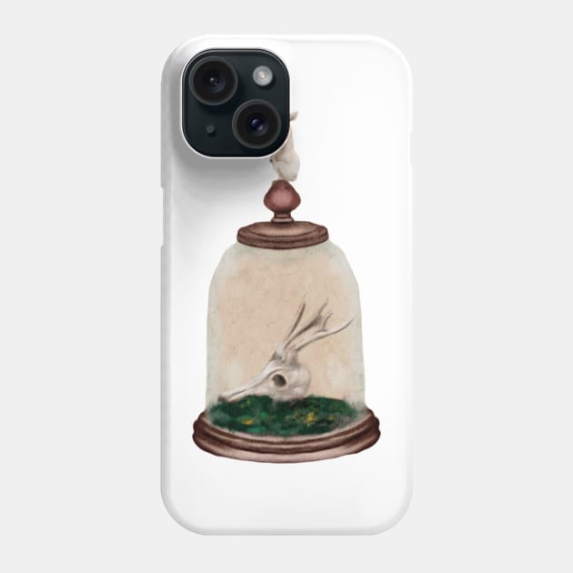 Watercolor White Rabbit and Deer Skull Dark Academia Cloche With Raven Botanical Green Moss Halloween Watercolor Phone Case by penandbea