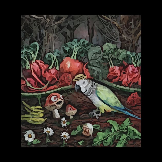 watercolor parrot tending garden with mushroom by Catbrat