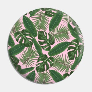 Tropical Green Leaves Pattern on Pink Pin