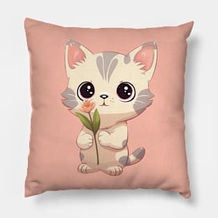 Cute Kitten with Flower Illustration Pillow