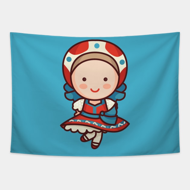 Cute Russian Village Girl in Traditional Clothing Cartoon Tapestry by SLAG_Creative
