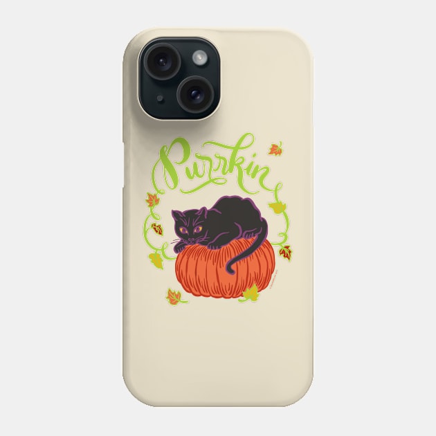 Funny Halloween Black Cat on Pumpkin Purrkin Fall Autumn Phone Case by DoubleBrush