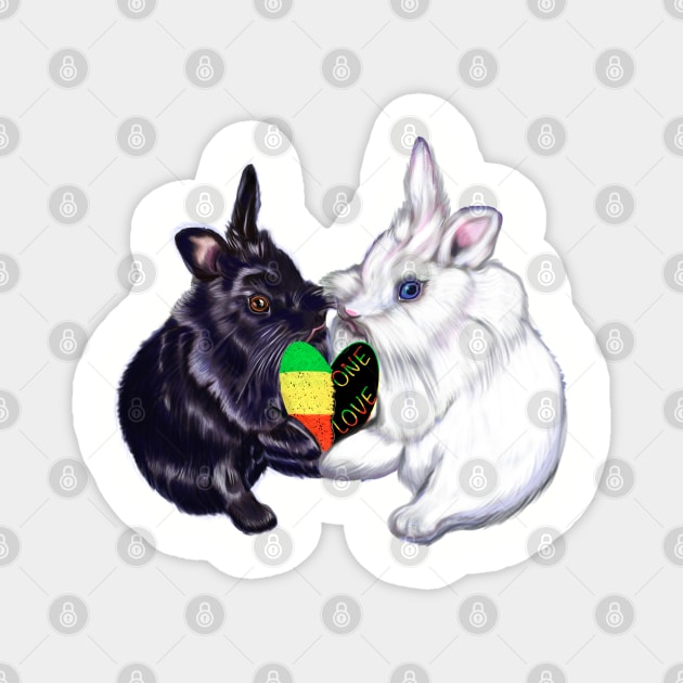 Reggae bunnies - bunny rabbits holding a love heart shape - pair of cute furry ebony and snow colored coloured lionhead bunny rabbit Magnet by Artonmytee