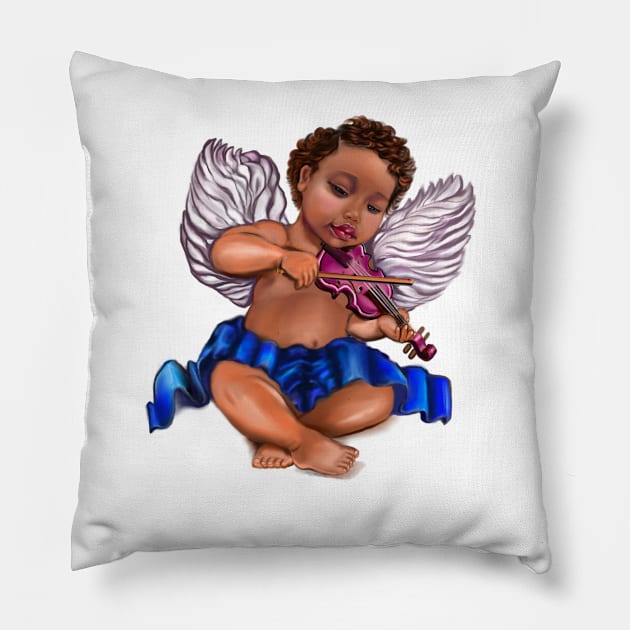 Curly haired Angel playing the violin- blissful Sun kissed curly haired Baby cherub angel classical art Pillow by Artonmytee