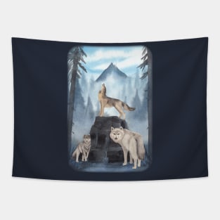 Three wolf hunting in misty forest night Howling Tapestry