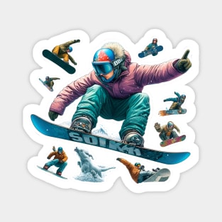 Frosty Freestyle Delight: Snowboarders' Frontside 360 Acrobatics in White, Red, Yellow, Black, Blue, and Orange Landscape Magnet