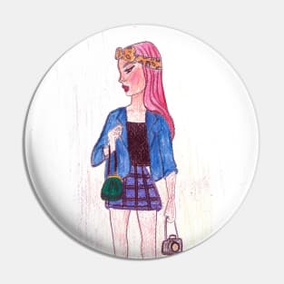 Pink Hair don't care - drawing Pin