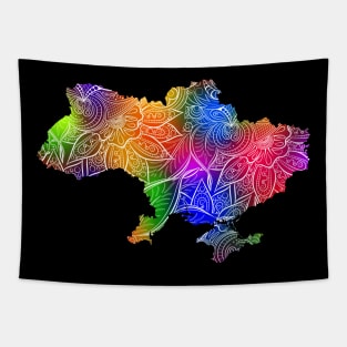 Colorful mandala art map of Ukraine with text in multicolor pattern Tapestry