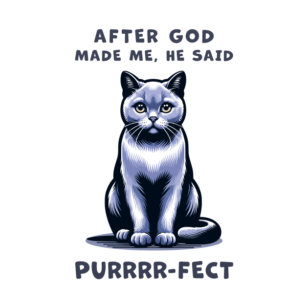 Grey cat funny graphic t-shirt of cat saying "After God made me, he said Purrrr-fect." by Cat In Orbit ®