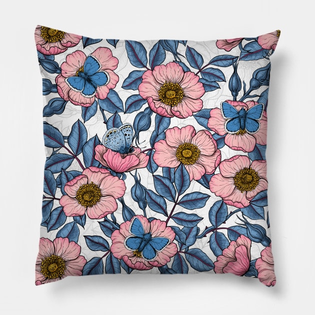 Dog rose and butterflies Pillow by katerinamk