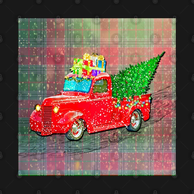 Christmas Plaid Graphic with Red Truck hauling Wrapped Presents in the Snow Cute Farmhouse Home Décor Gift by tamdevo1