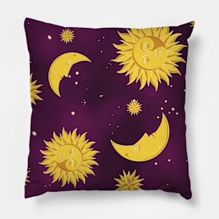 Sun moon stars purple pattern aesthetic witchcore whimsigothic retro Pillow